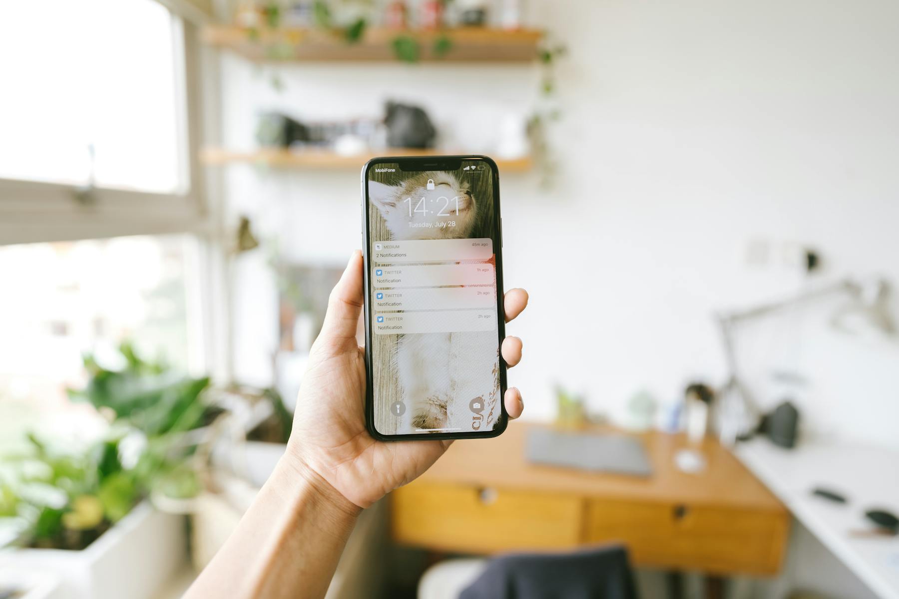 Hand holding a smartphone in a bright office